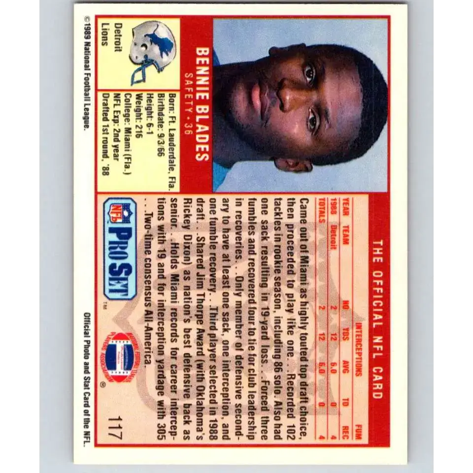 1989 Pro Set #117 Bennie Blades NM-MT RC Rookie Detroit Lions Football Card - Football Card Single