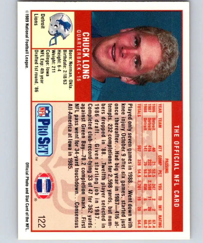 1989 Pro Set #122 Chuck Long EX Excellent Detroit Lions Football Card - Football Card Single