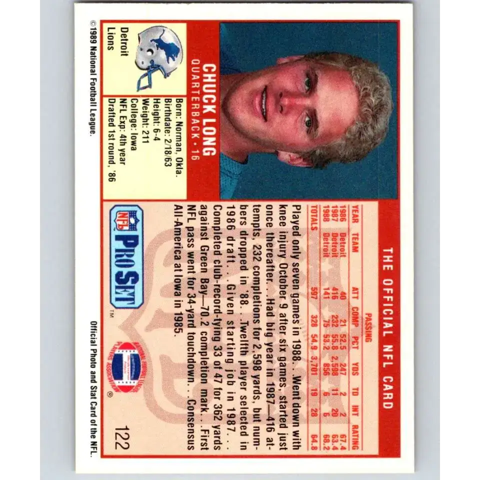 1989 Pro Set #122 Chuck Long NM-MT Detroit Lions Football Card - Football Card Single
