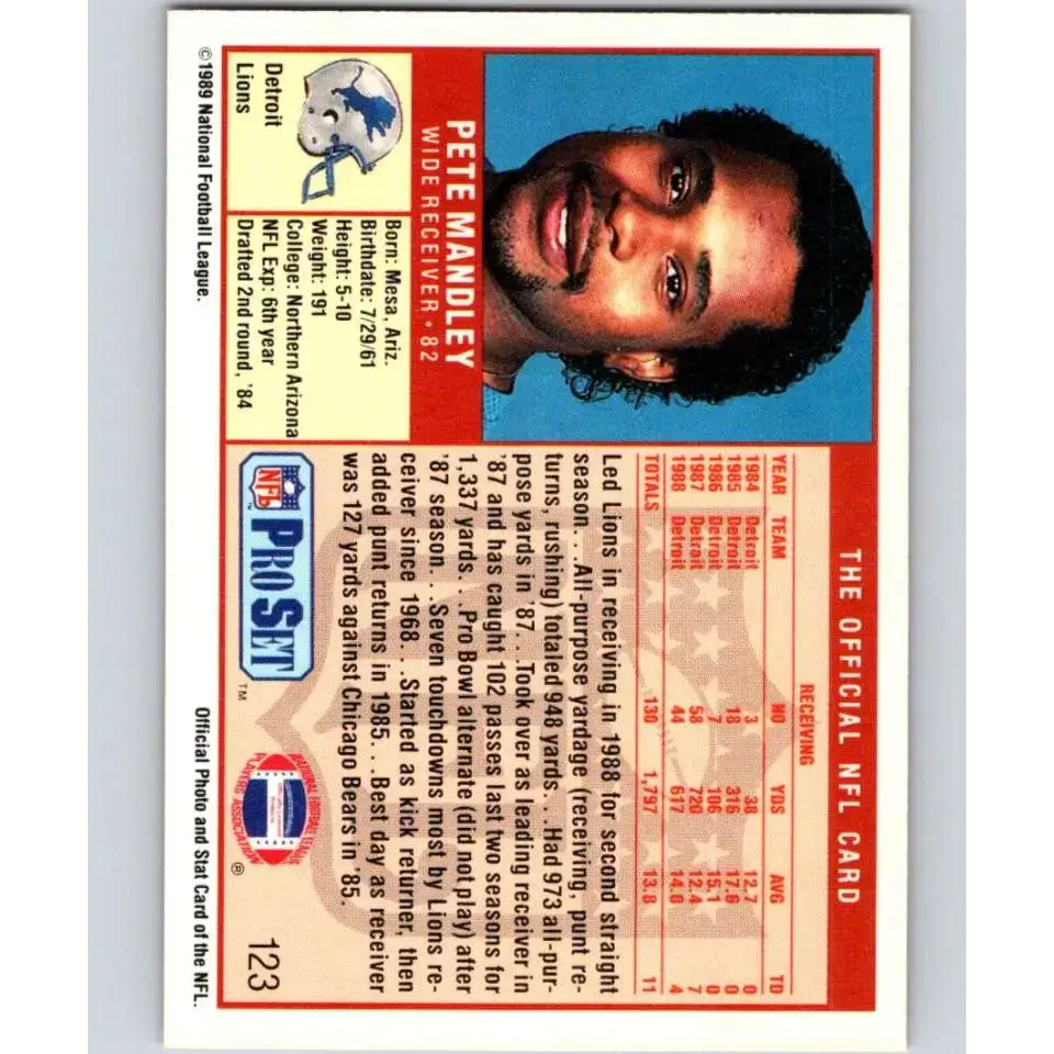 1989 Pro Set #123 Pete Mandley NM-MT Detroit Lions Football Card - Football Card Single