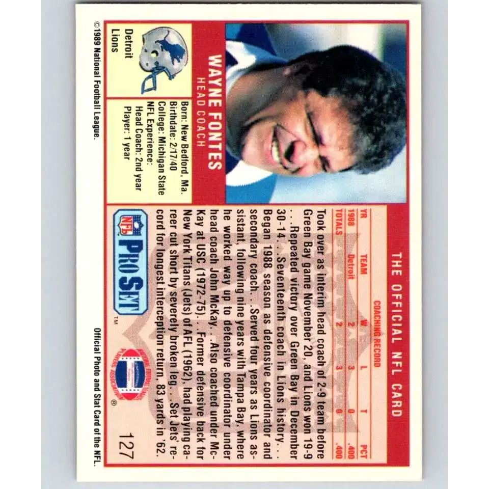 1989 Pro Set #127 Wayne Fontes CO NM-MT Detroit Lions Football Card - Football Card Single