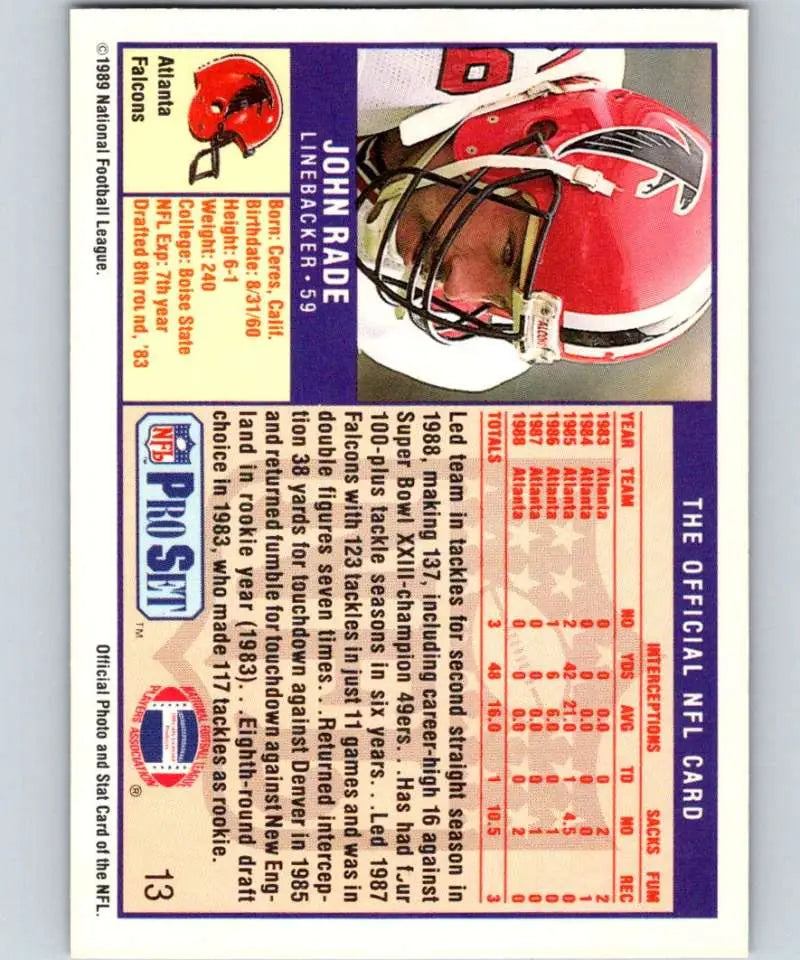 1989 Pro Set #13 John Rade EX Excellent Atlanta Falcons Football Card - Football Card Single