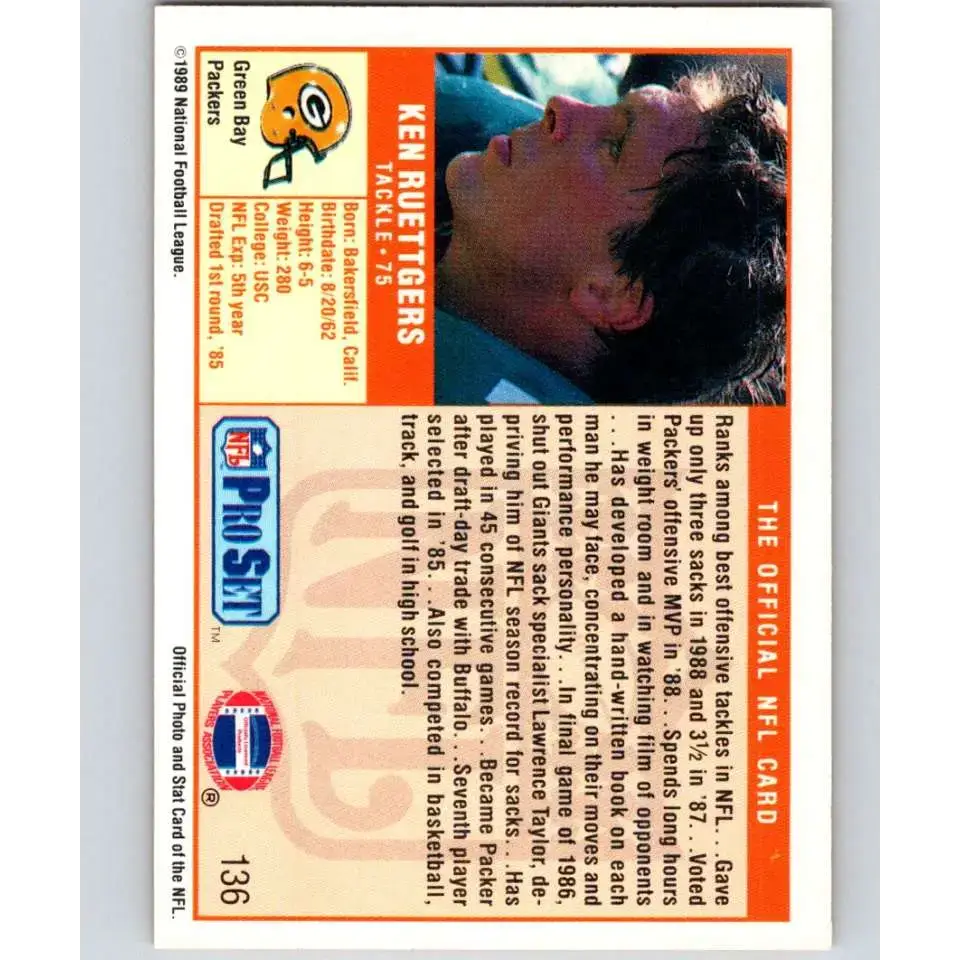 1989 Pro Set #136 Ken Ruettgers NM-MT RC Rookie Green Bay Packers Football Card