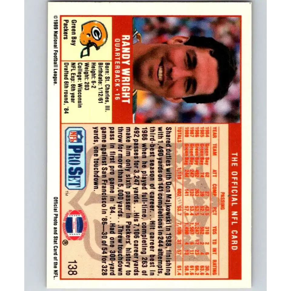 1989 Pro Set #138 Randy Wright NM-MT Green Bay Packers Football Card - Football Card Single