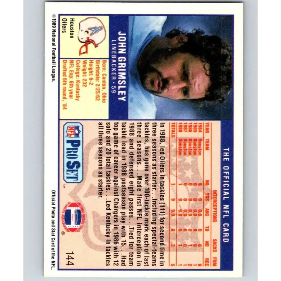 1989 Pro Set #144 John Grimsley NM-MT Houston Oilers Football Card - Football Card Single