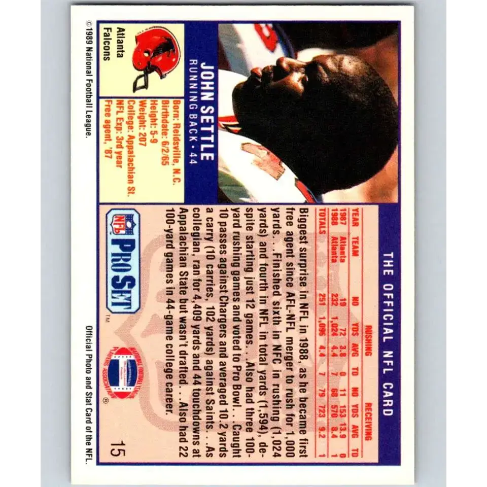 1989 Pro Set #15 John Settle NM-MT RC Rookie Atlanta Falcons Football Card