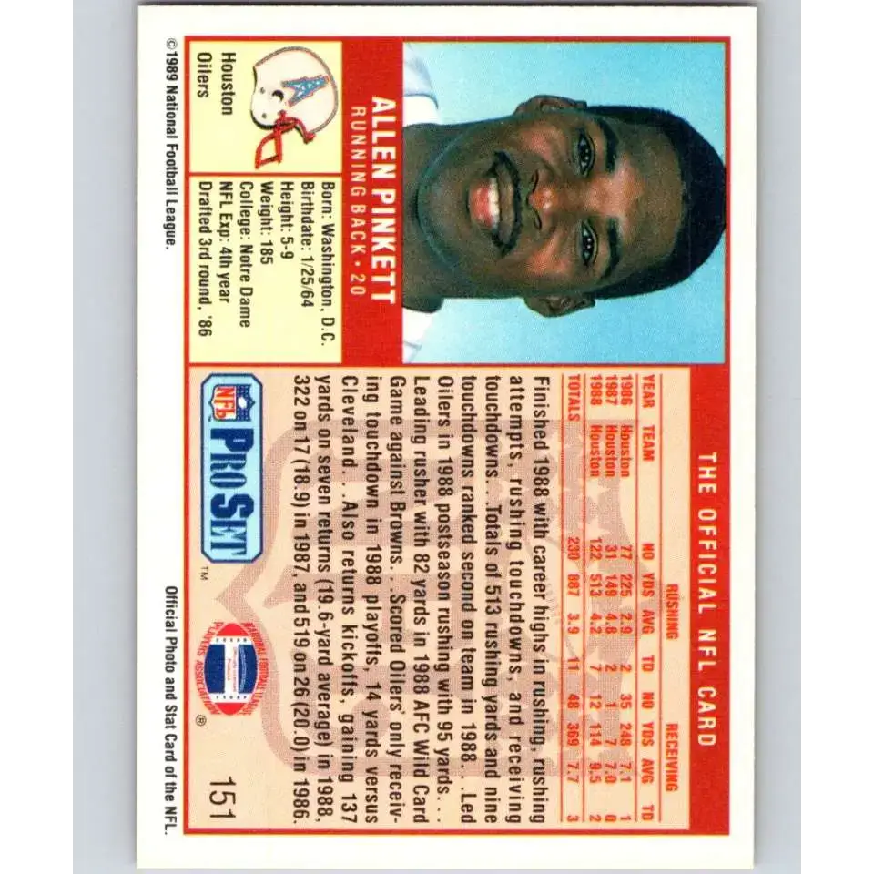 1989 Pro Set #151 Allen Pinkett NM-MT RC Rookie Houston Oilers Football Card - Football Card Single