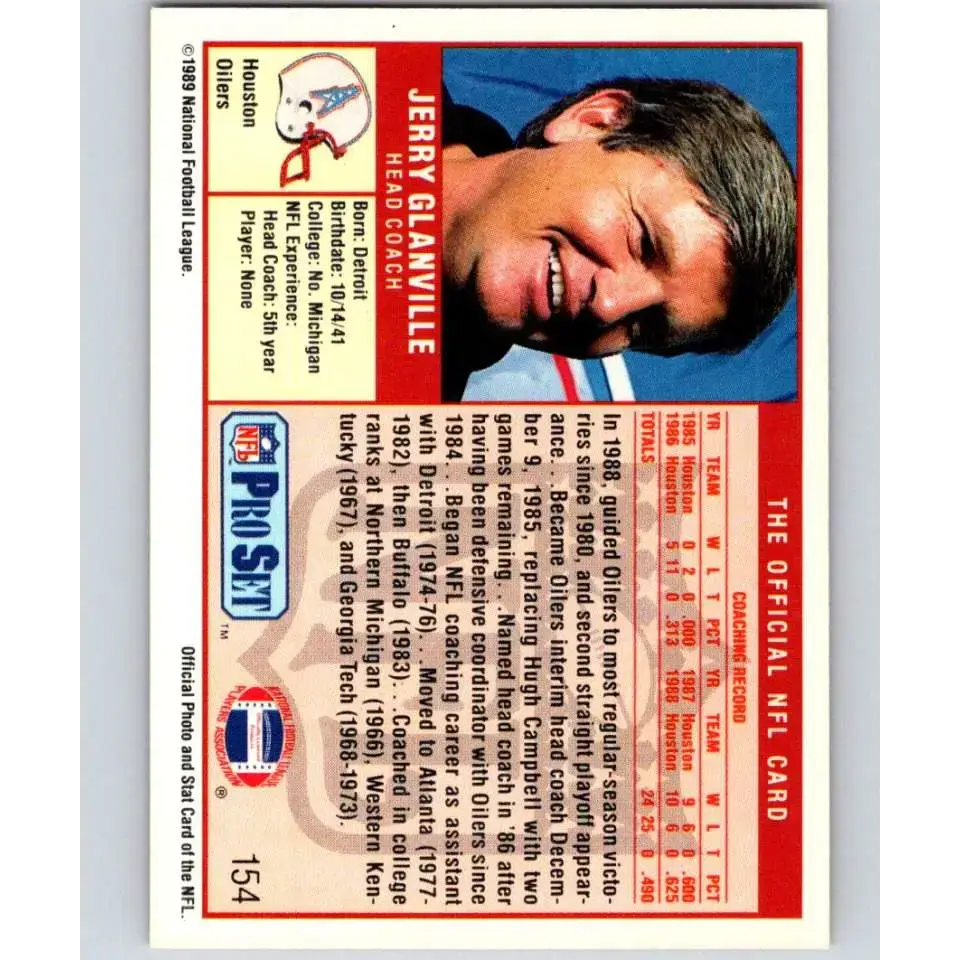 1989 Pro Set #154 Jerry Glanville CO NM-MT Houston Oilers Football Card