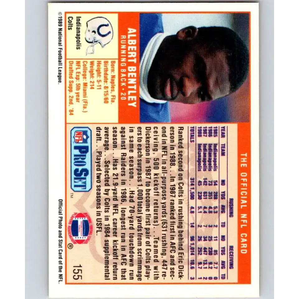1989 Pro Set #155 Albert Bentley NM-MT Indianapolis Colts Football Card - Football Card Single