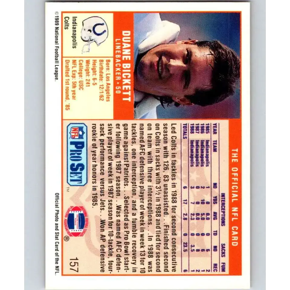 1989 Pro Set #157 Duane Bickett NM-MT Indianapolis Colts Football Card - Football Card Single