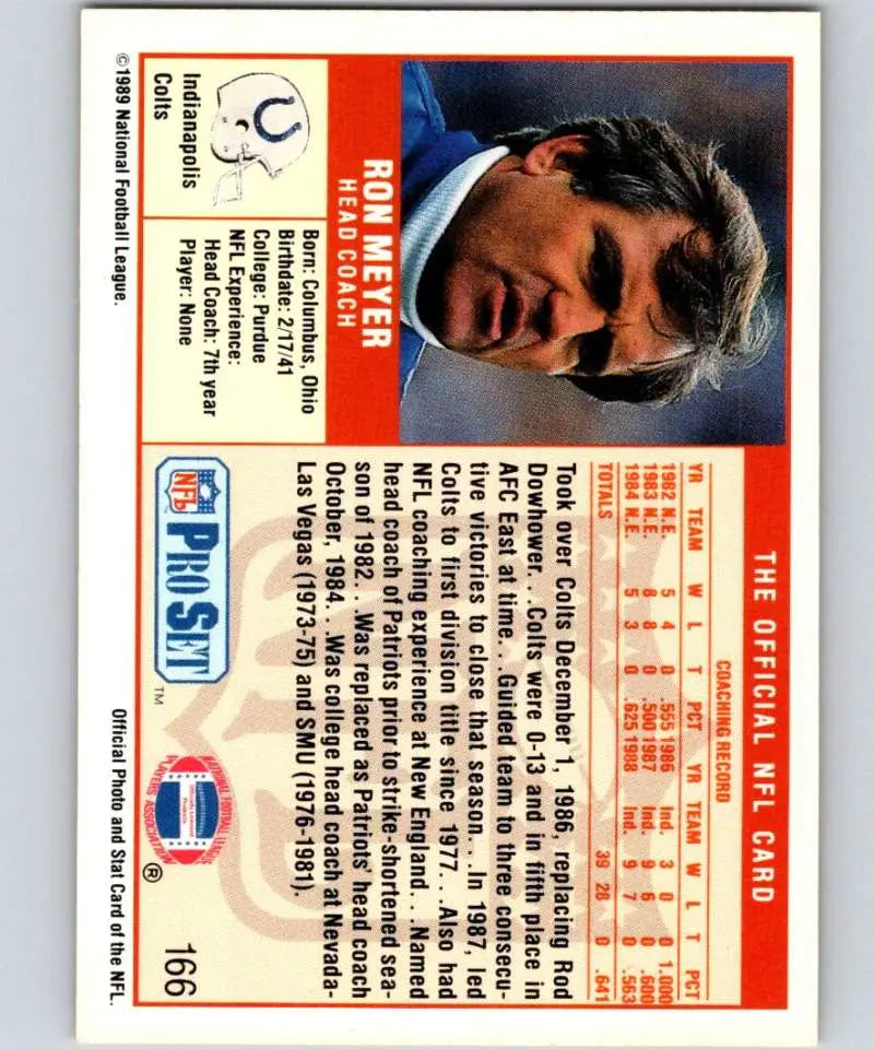 1989 Pro Set #166 Ron Meyer EX Excellent Indianapolis Colts Football Card - Football Card Single