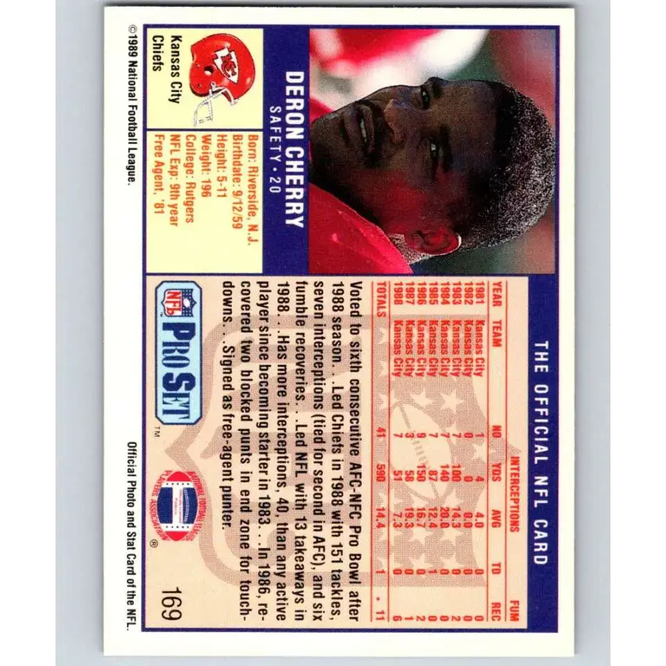 1989 Pro Set #169 Deron Cherry NM-MT Kansas City Chiefs Football Card