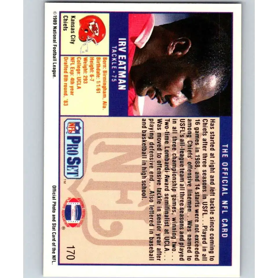 1989 Pro Set #170 Irv Eatman NM-MT Kansas City Chiefs Football Card - Football Card Single