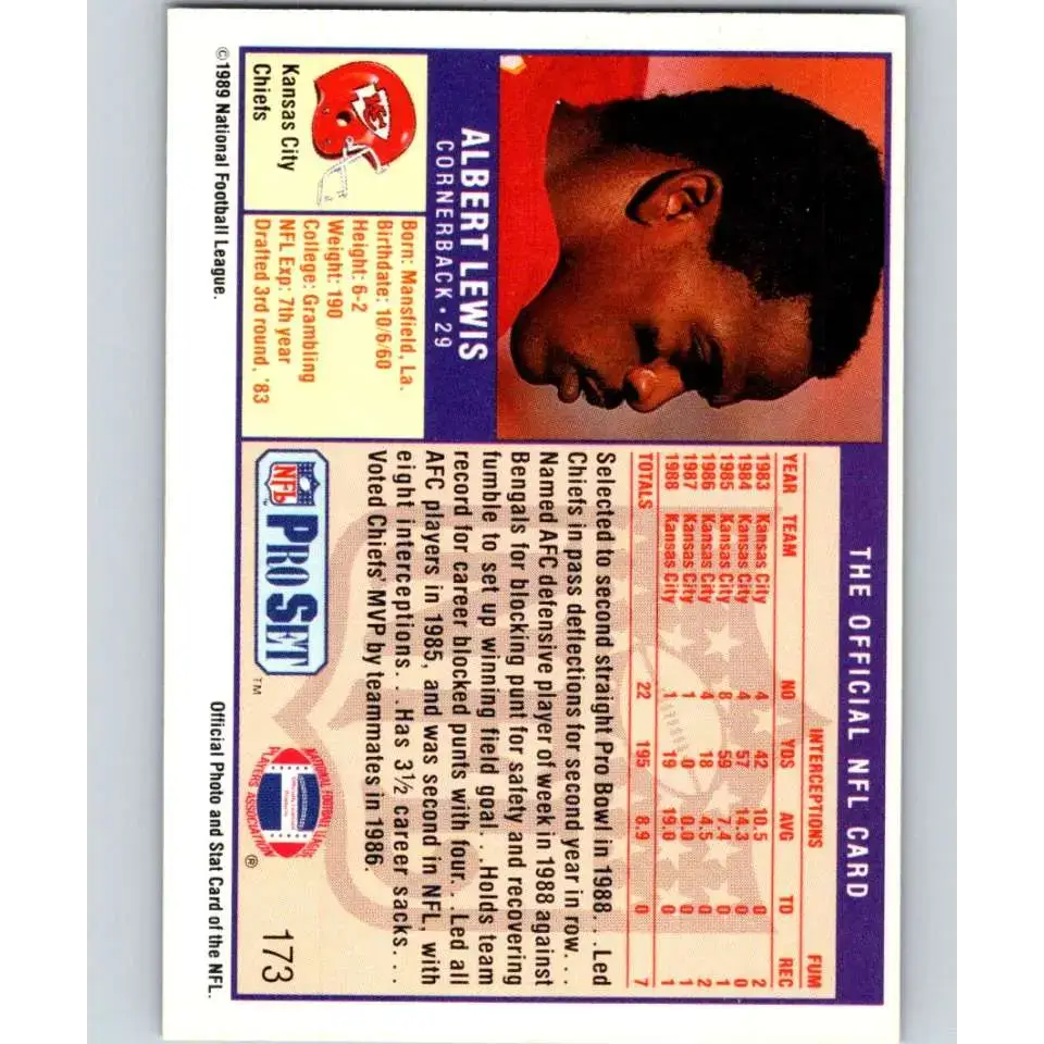 1989 Pro Set #173 Albert Lewis NM-MT Kansas City Chiefs Football Card - Football Card Single