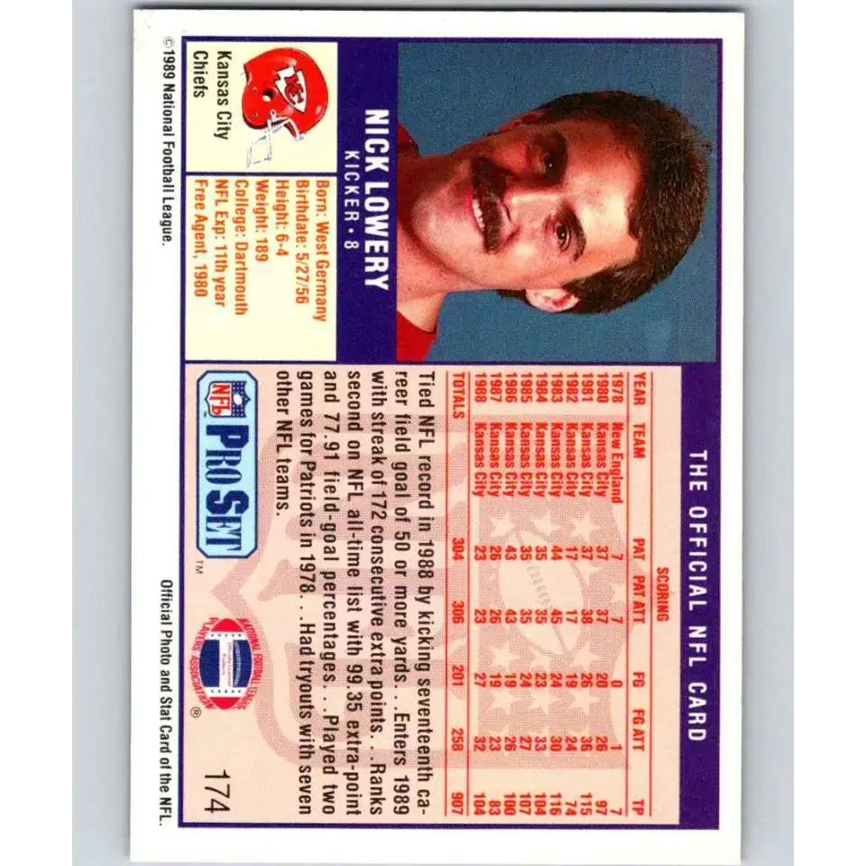 1989 Pro Set #174 Nick Lowery NM-MT Kansas City Chiefs Football Card - Football Card Single