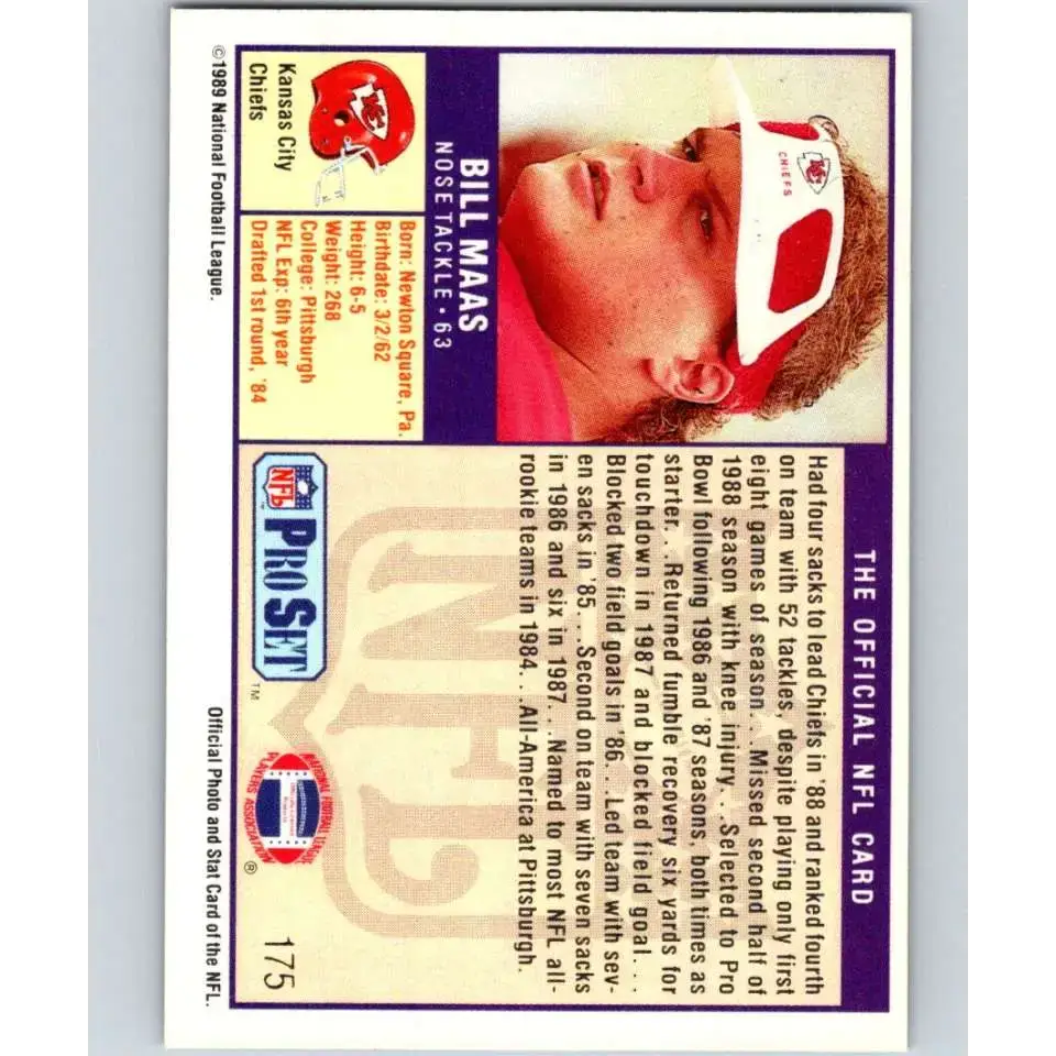 1989 Pro Set #175 Bill Maas NM-MT Kansas City Chiefs Football Card
