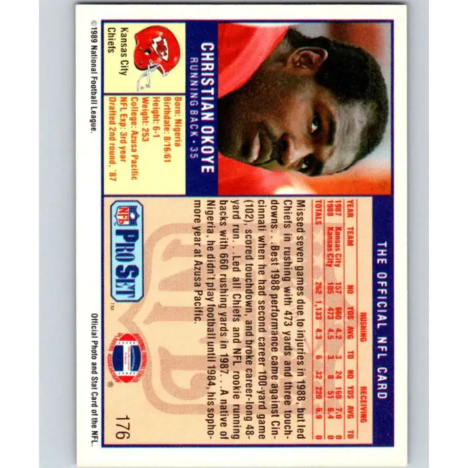 1989 Pro Set #176 Christian Okoye NM-MT Kansas City Chiefs Football Card