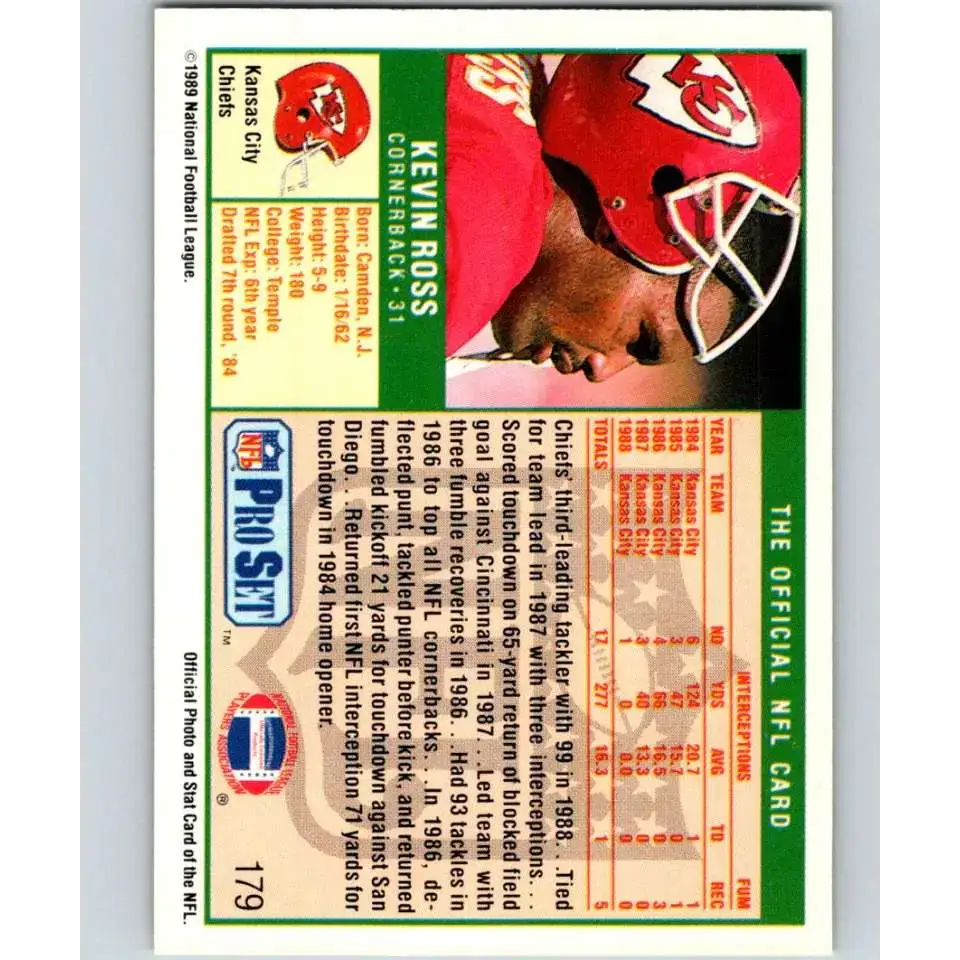 1989 Pro Set #179 Kevin Ross NM-MT RC Rookie Kansas City Chiefs Football Card - Football Card Single