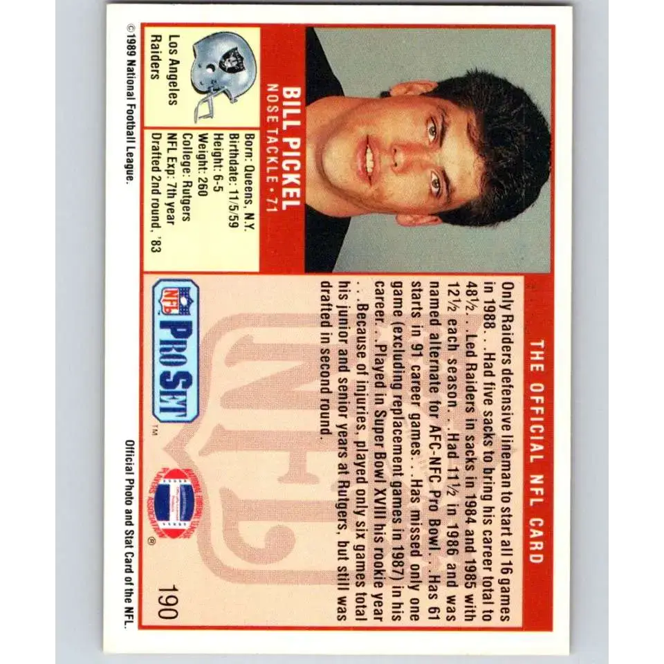 1989 Pro Set #190 Bill Pickel NM-MT Los Angeles Raiders Football Card - Football Card Single