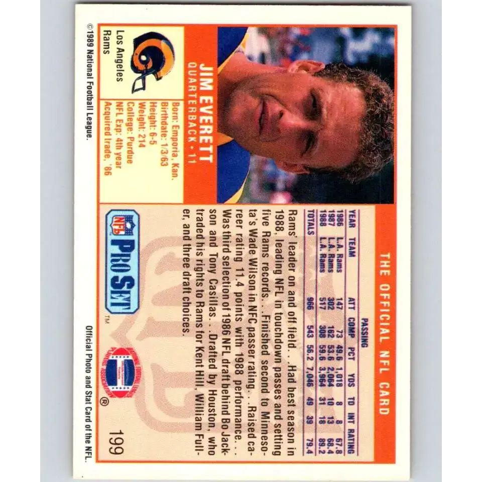1989 Pro Set #199 Jim Everett NM-MT Los Angeles Rams Football Card - Football Card Single