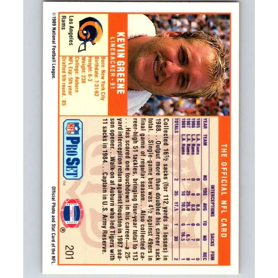 1989 Pro Set #201 Kevin Greene NM-MT Los Angeles Rams Football Card - Football Card Single