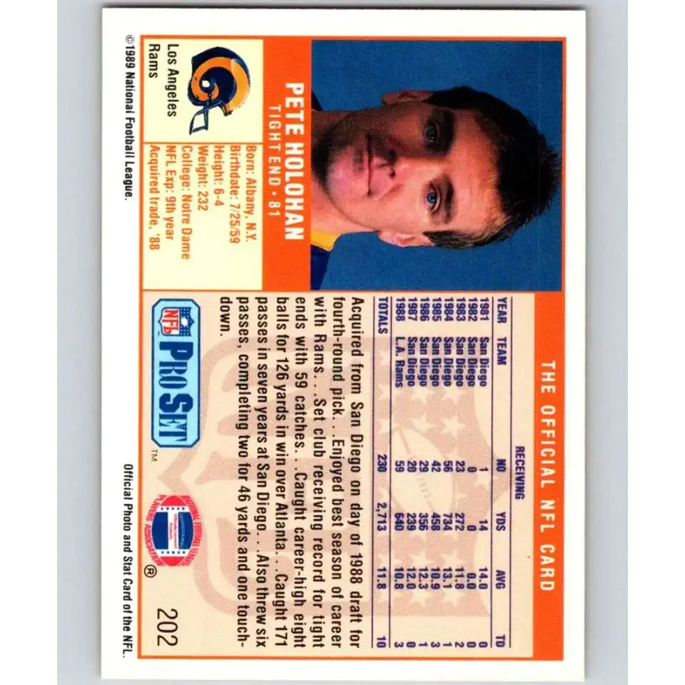 1989 Pro Set #202 Pete Holohan NM-MT Los Angeles Rams Football Card - Football Card Single