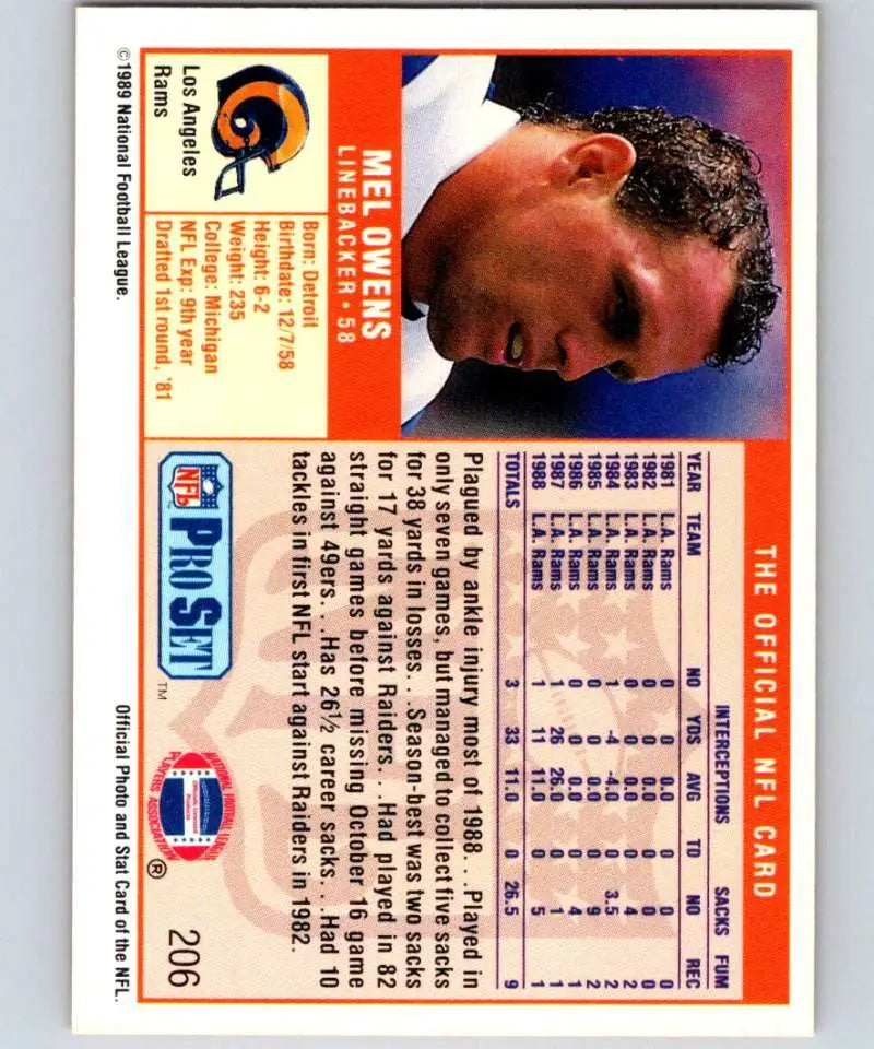 1989 Pro Set #206 Mel Owens EX Excellent Los Angeles Rams Football Card - Football Card Single