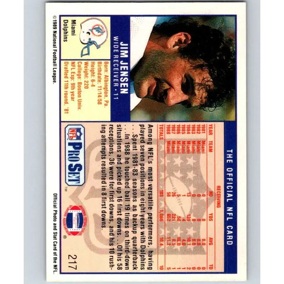 1989 Pro Set #217 Jim Jensen UER NM-MT RC Rookie Miami Dolphins Football Card - Football Card Single