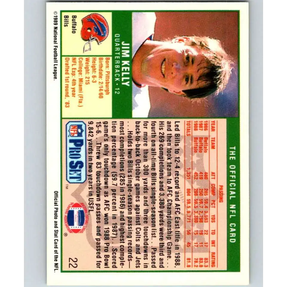1989 Pro Set #22 Jim Kelly NM-MT Buffalo Bills Football Card - Football Card Single