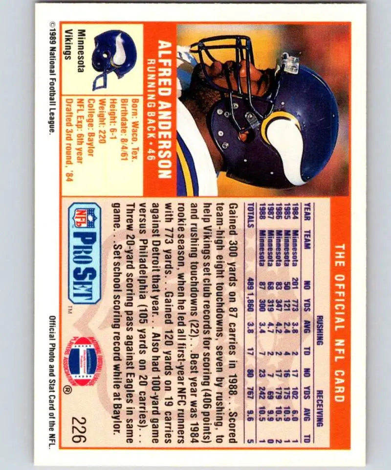 1989 Pro Set #226 Alfred Anderson EX Excellent Minnesota Vikings Football Card - Football Card Single