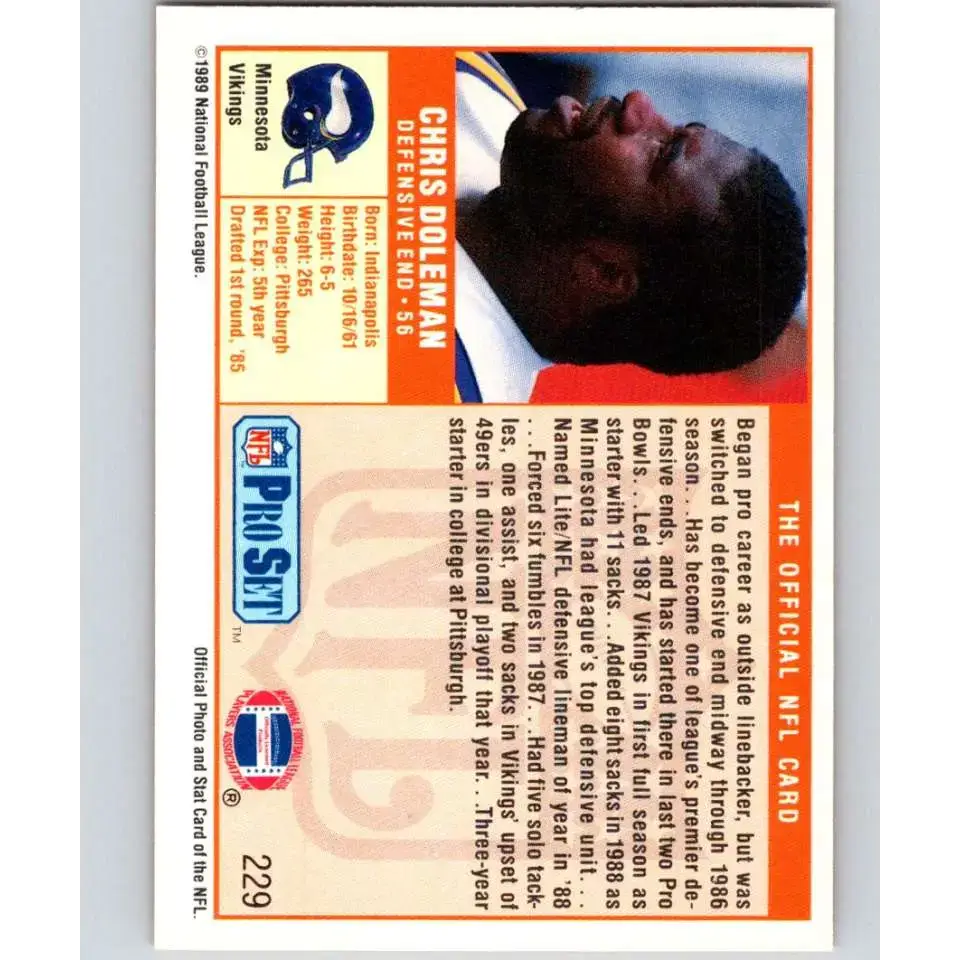 1989 Pro Set #229 Chris Doleman NM-MT Minnesota Vikings Football Card - Football Card Single