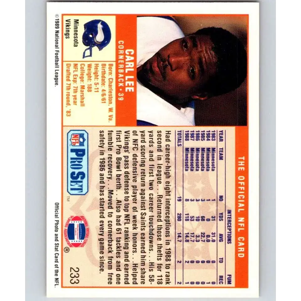 1989 Pro Set #233 Carl Lee NM-MT RC Rookie Minnesota Vikings Football Card - Football Card Single