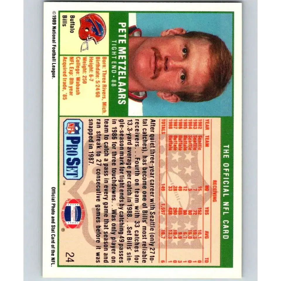 1989 Pro Set #24 Pete Metzelaars NM-MT Buffalo Bills Football Card - Football Card Single