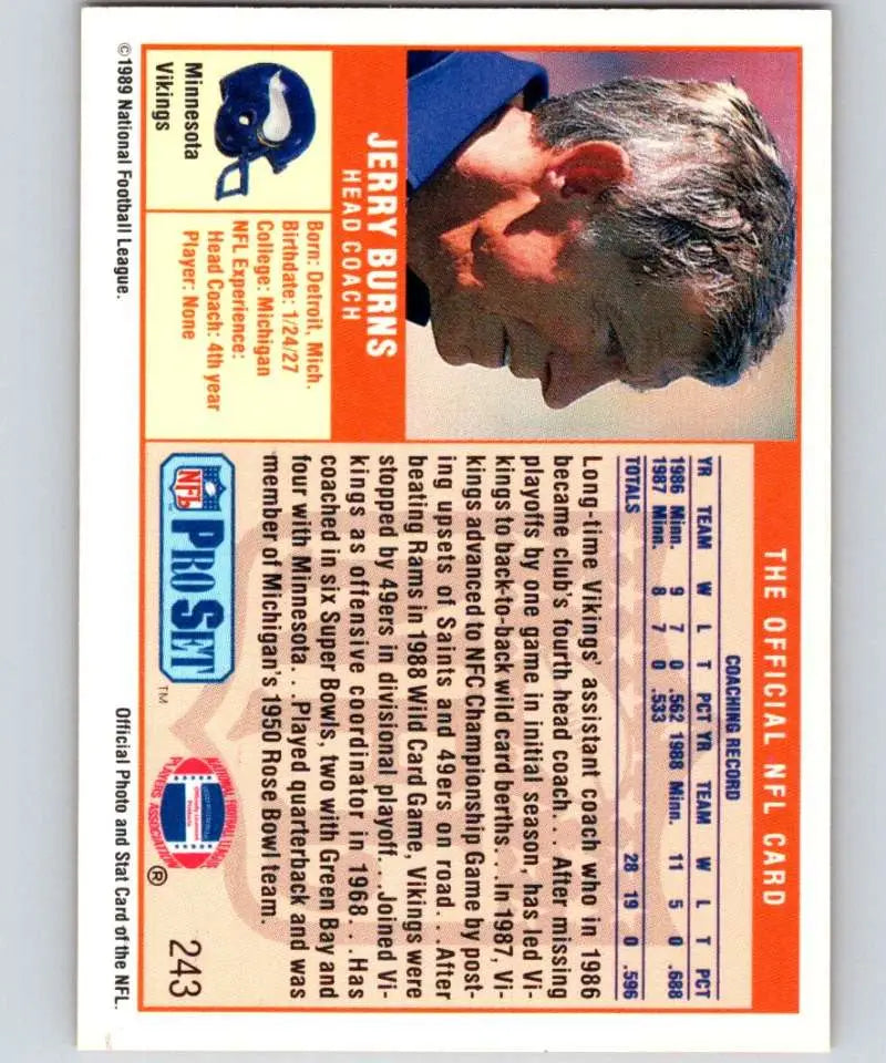 1989 Pro Set #243 Jerry Burns EX Excellent Minnesota Vikings Football Card - Football Card Single