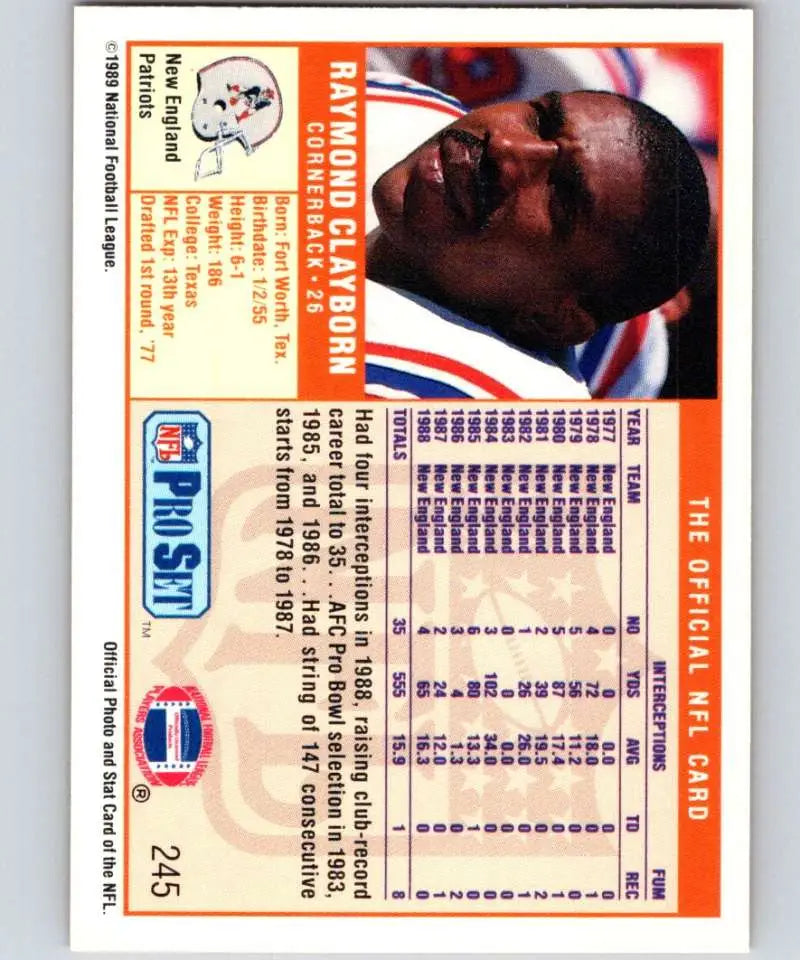 1989 Pro Set #245 Raymond Clayborn EX Excellent New England Patriots Football Card - Football Card Single