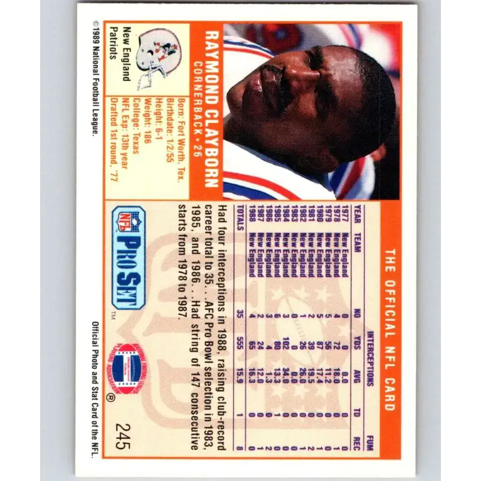 1989 Pro Set #245 Raymond Clayborn NM-MT New England Patriots Football Card - Football Card Single