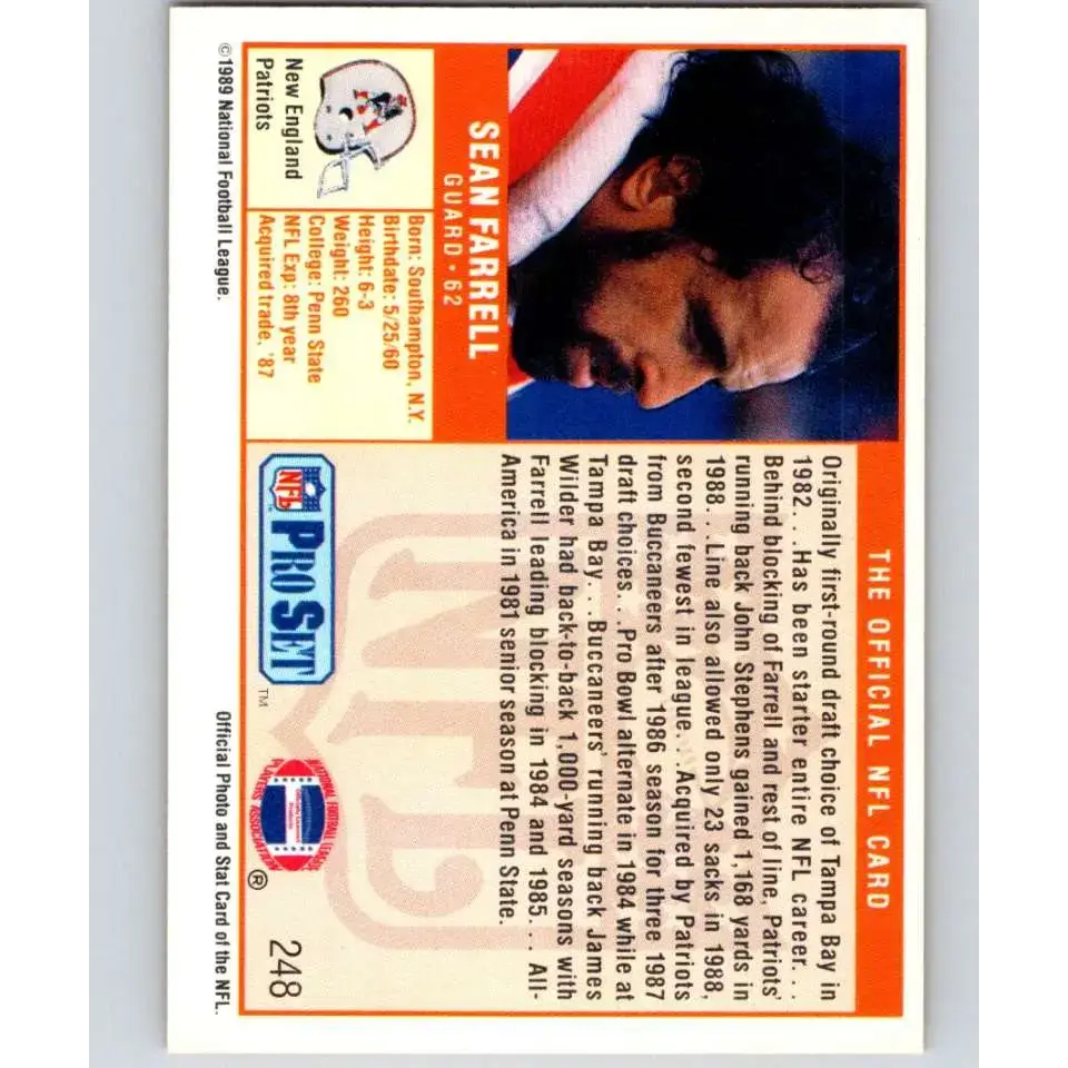1989 Pro Set #248 Sean Farrell NM-MT New England Patriots Football Card - Football Card Single