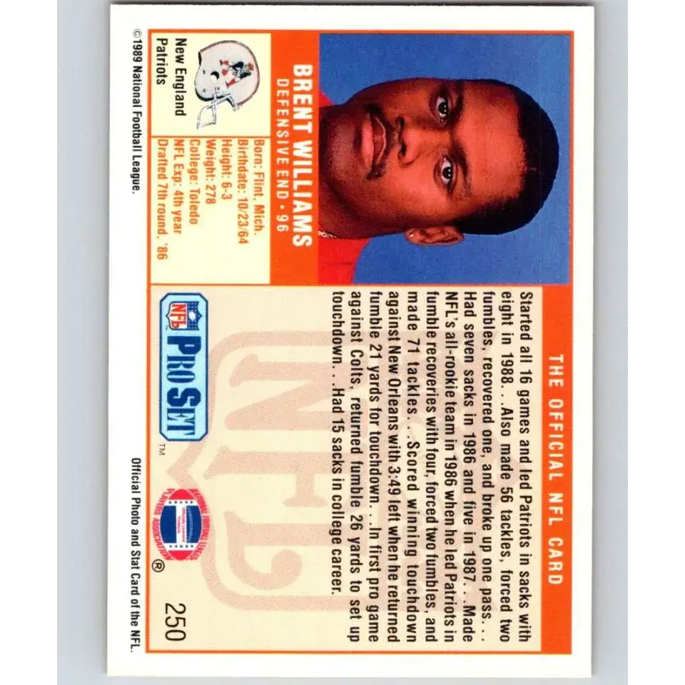 1989 Pro Set #250 Brent Williams NM-MT RC Rookie New England Patriots Football Card - Football Card Single