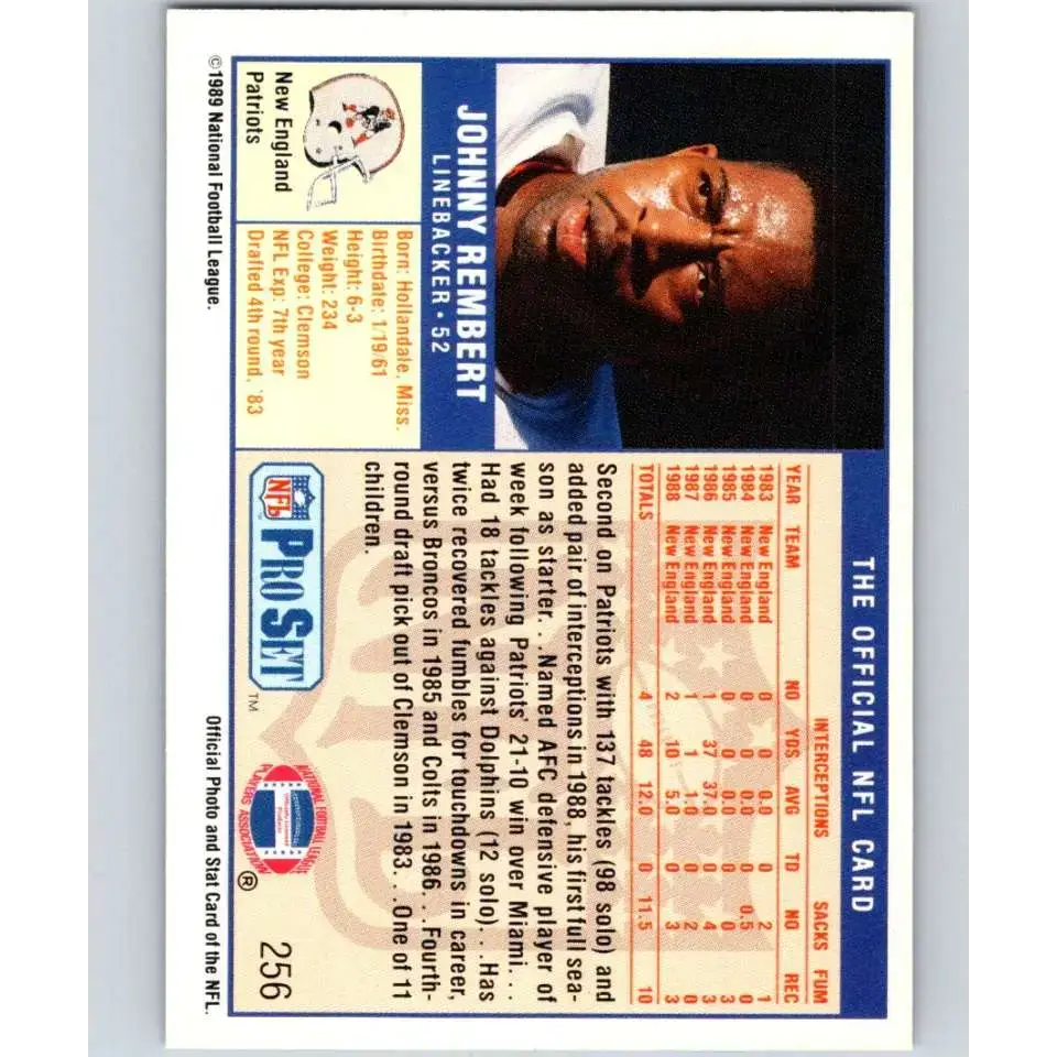1989 Pro Set #256 Johnny Rembert NM-MT RC Rookie New England Patriots Football Card - Football Card Single