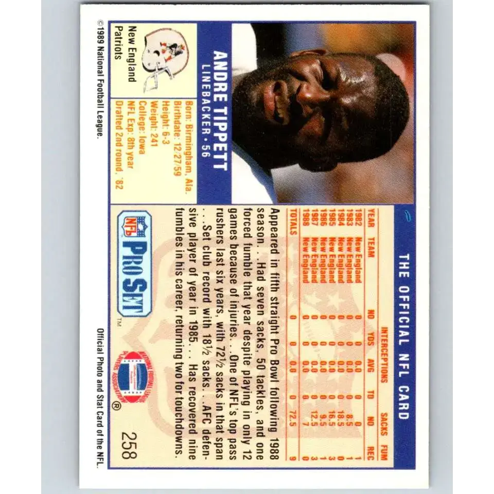 1989 Pro Set #258 Andre Tippett NM-MT New England Patriots Football Card - Football Card Single