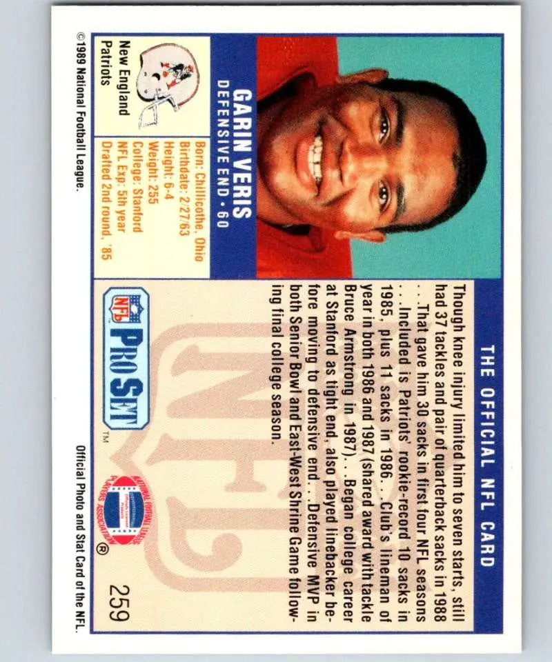 1989 Pro Set #259 Garin Veris EX Excellent New England Patriots Football Card - Football Card Single