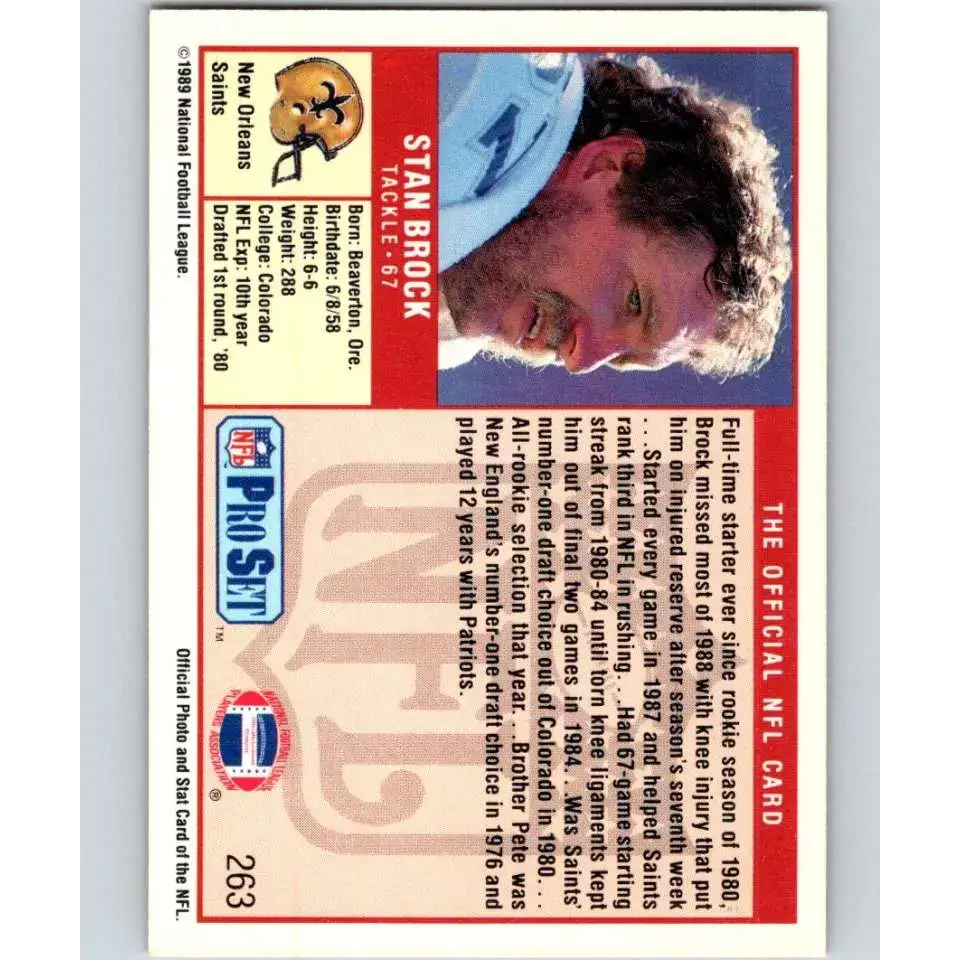 1989 Pro Set #263 Stan Brock NM-MT New Orleans Saints Football Card - Football Card Single