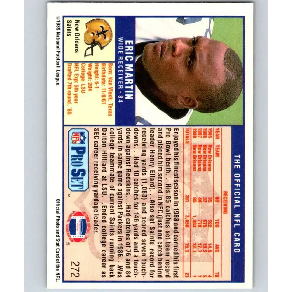 1989 Pro Set #272 Eric Martin NM-MT New Orleans Saints Football Card - Football Card Single