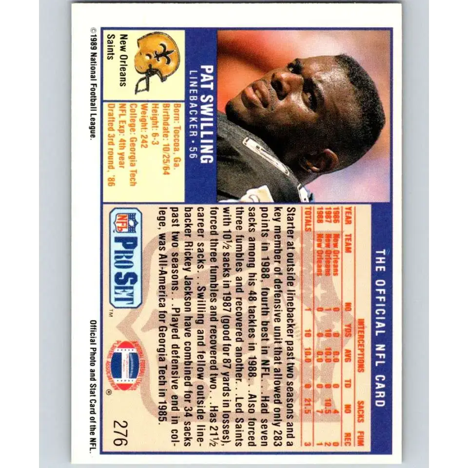 1989 Pro Set #276 Pat Swilling NM-MT New Orleans Saints Football Card - Football Card Single