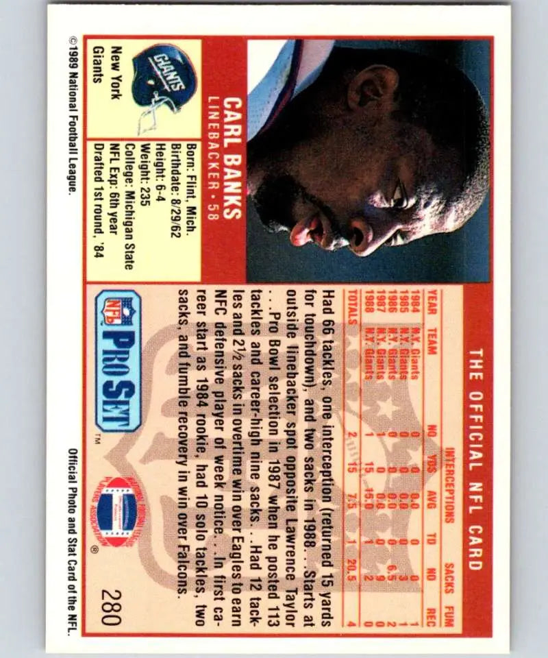 1989 Pro Set #280 Carl Banks EX Excellent New York Giants Football Card - Football Card Single
