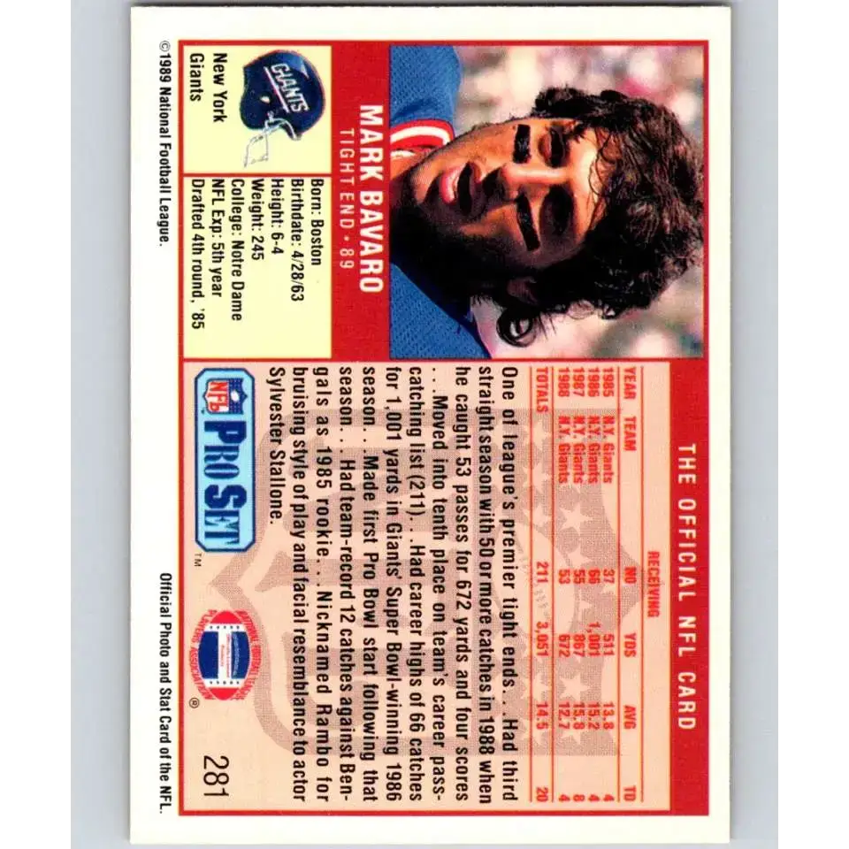 1989 Pro Set #281 Mark Bavaro NM-MT New York Giants Football Card - Football Card Single