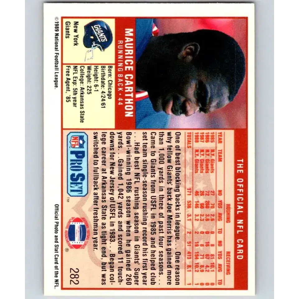 1989 Pro Set #282 Maurice Carthon NM-MT New York Giants Football Card - Football Card Single