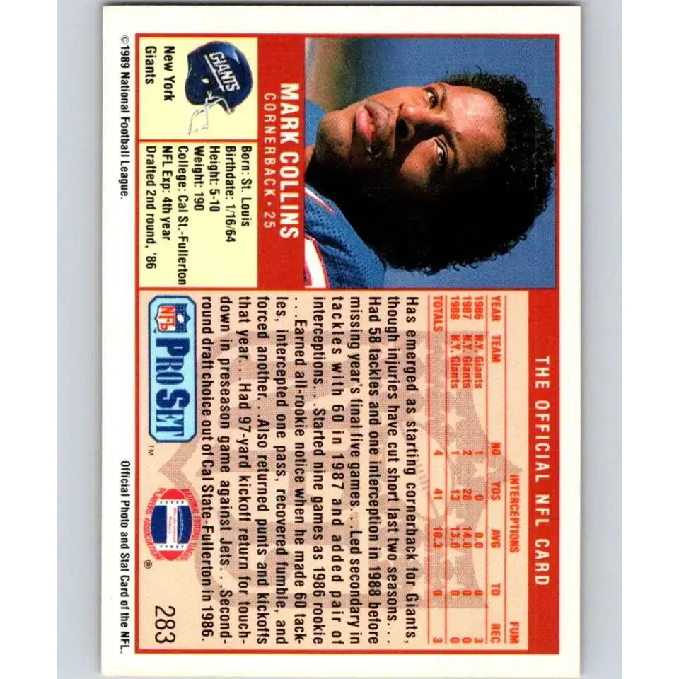 1989 Pro Set #283 Mark Collins NM-MT RC Rookie New York Giants Football Card - Football Card Single