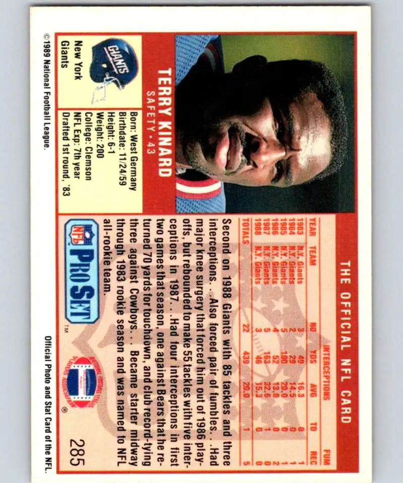 1989 Pro Set #285 Terry Kinard EX Excellent New York Giants Football Card - Football Card Single