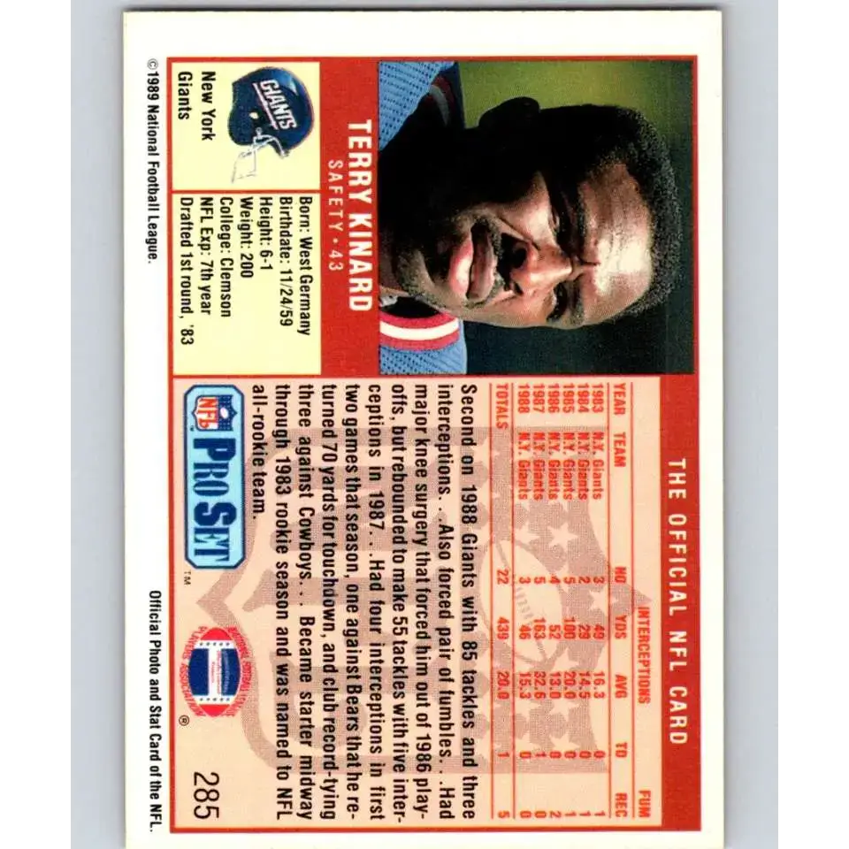 1989 Pro Set #285 Terry Kinard NM-MT New York Giants Football Card - Football Card Single
